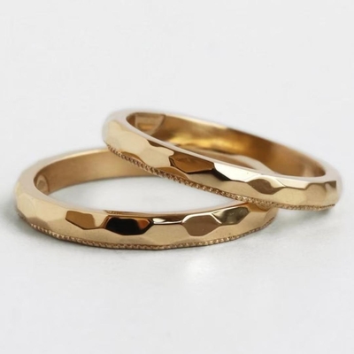 Textured Gold Wedding Band Set With Polished And Hammered Finishes In Sterling Silver