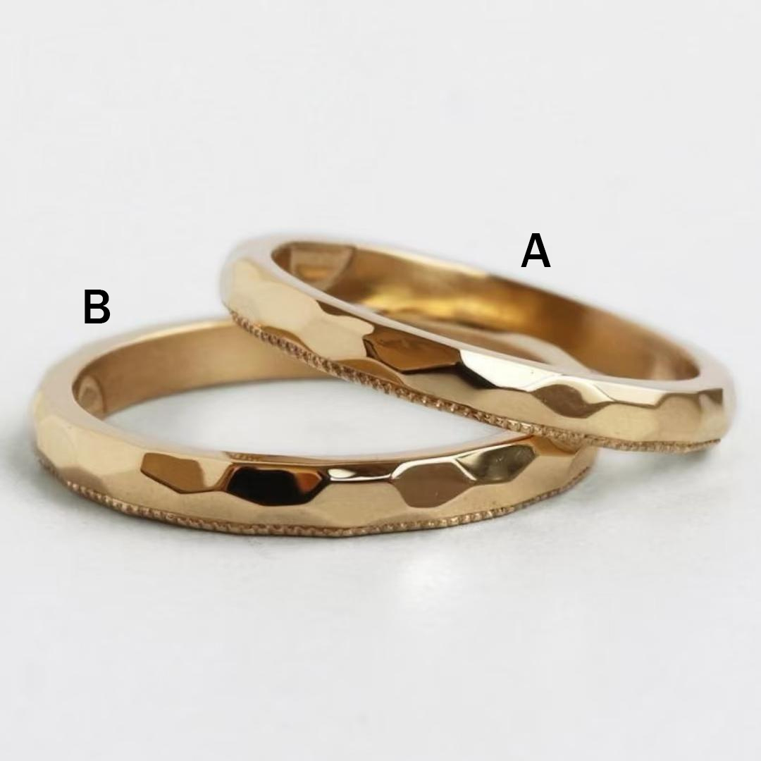 Textured Gold Wedding Band Set With Polished And Hammered Finishes In Sterling Silver