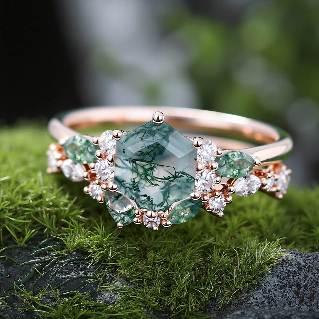 1CT Hexagon & Marquise Cut Moss Agate Engagement Ring Set In Sterling Silver