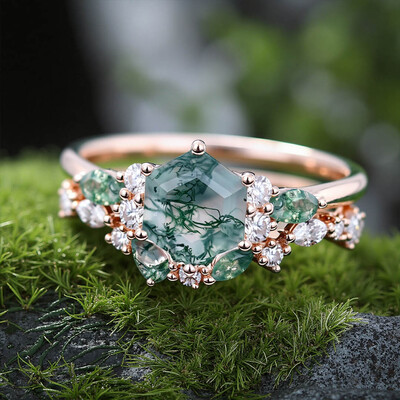 1CT Hexagon & Marquise Cut Moss Agate Engagement Ring Set In Sterling Silver