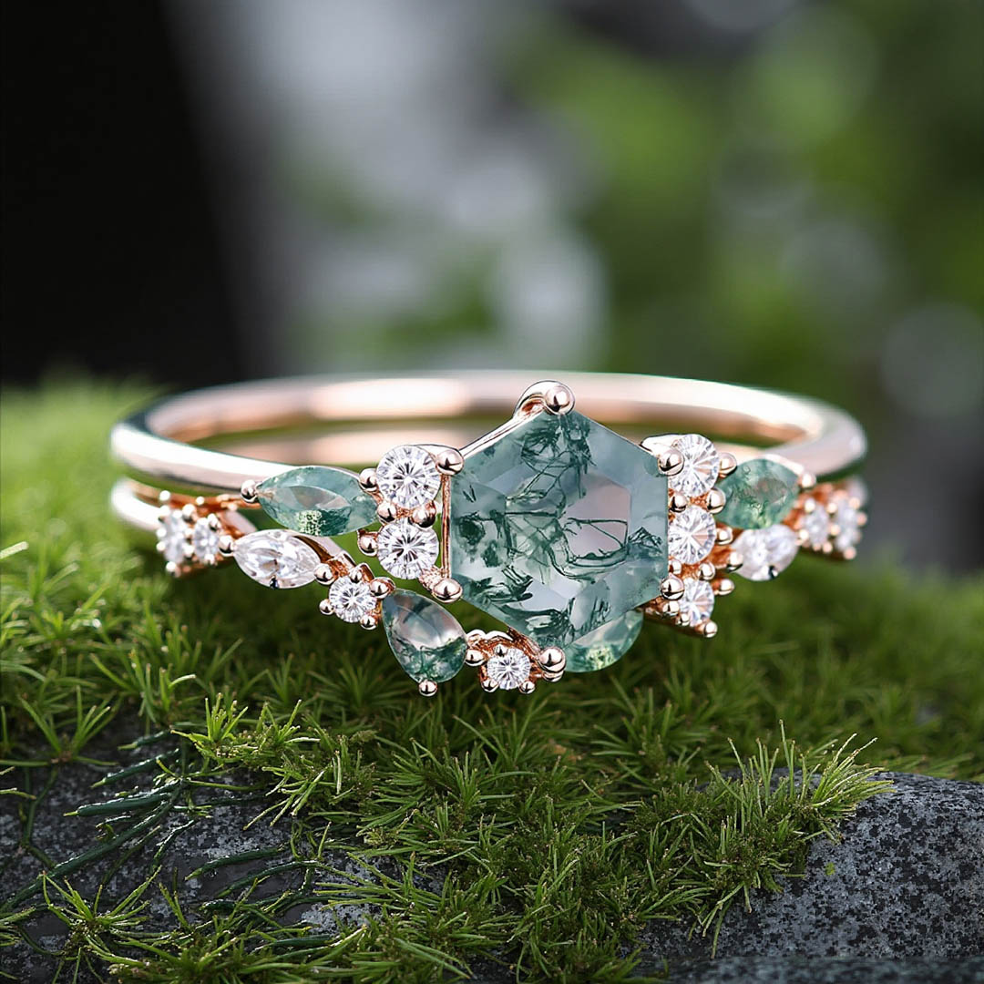 1CT Hexagon & Marquise Cut Moss Agate Engagement Ring Set In Sterling Silver