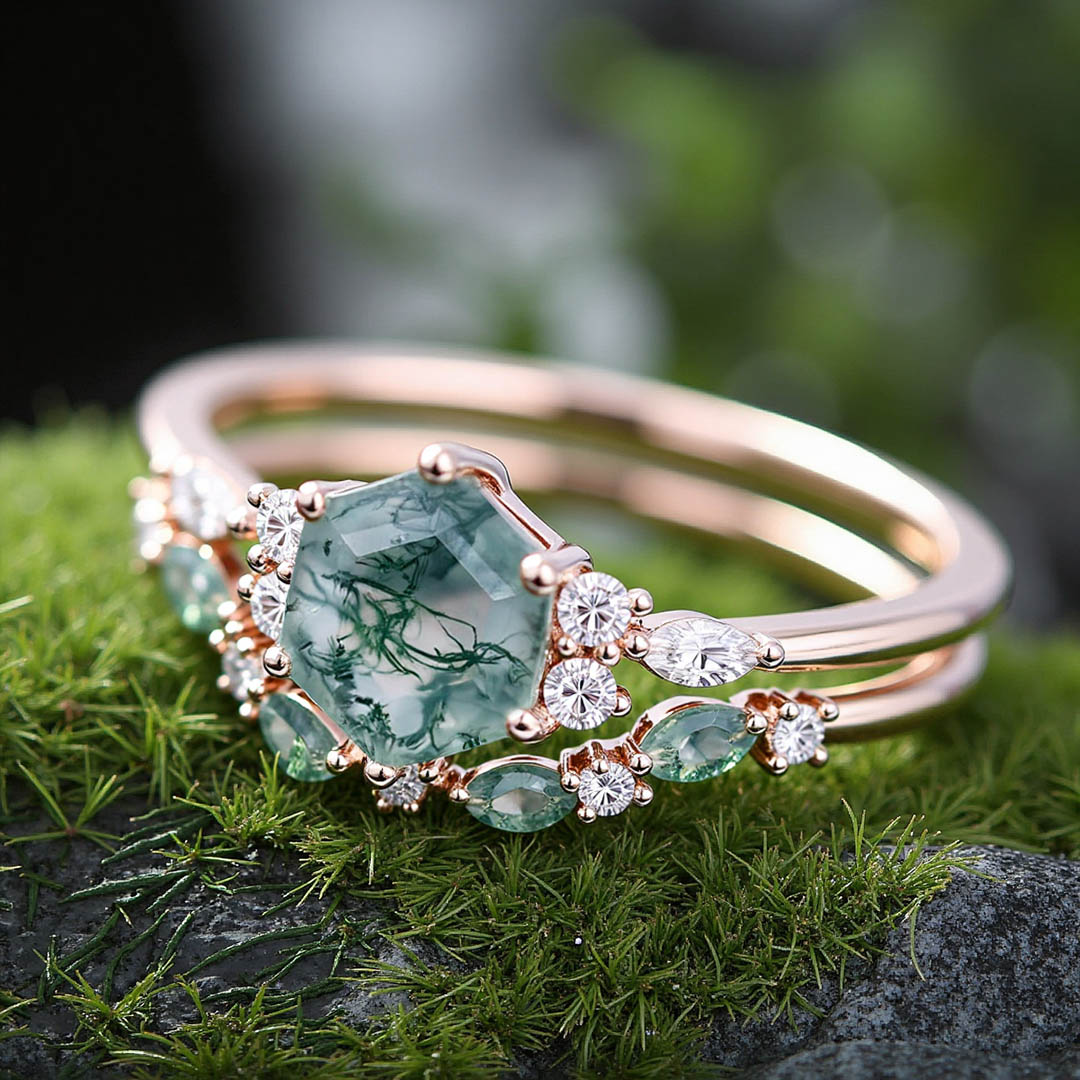 1CT Hexagon & Marquise Cut Moss Agate Engagement Ring Set In Sterling Silver
