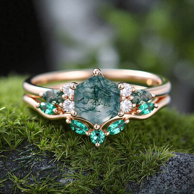 1CT Hexagon & Marquise Cut Moss Agate Engagement Ring Set In Sterling Silver