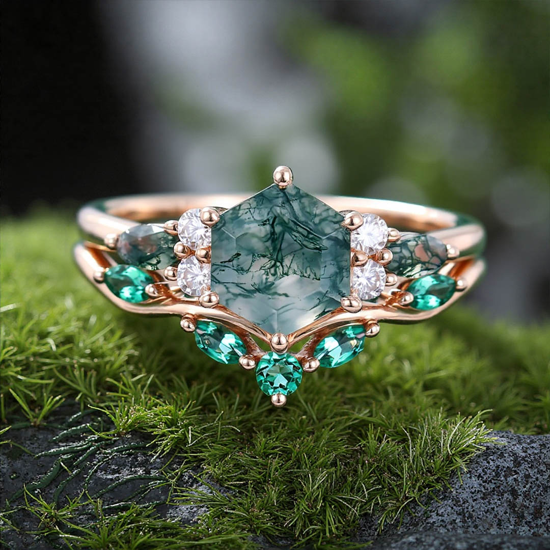 1CT Hexagon & Marquise Cut Moss Agate Engagement Ring Set In Sterling Silver