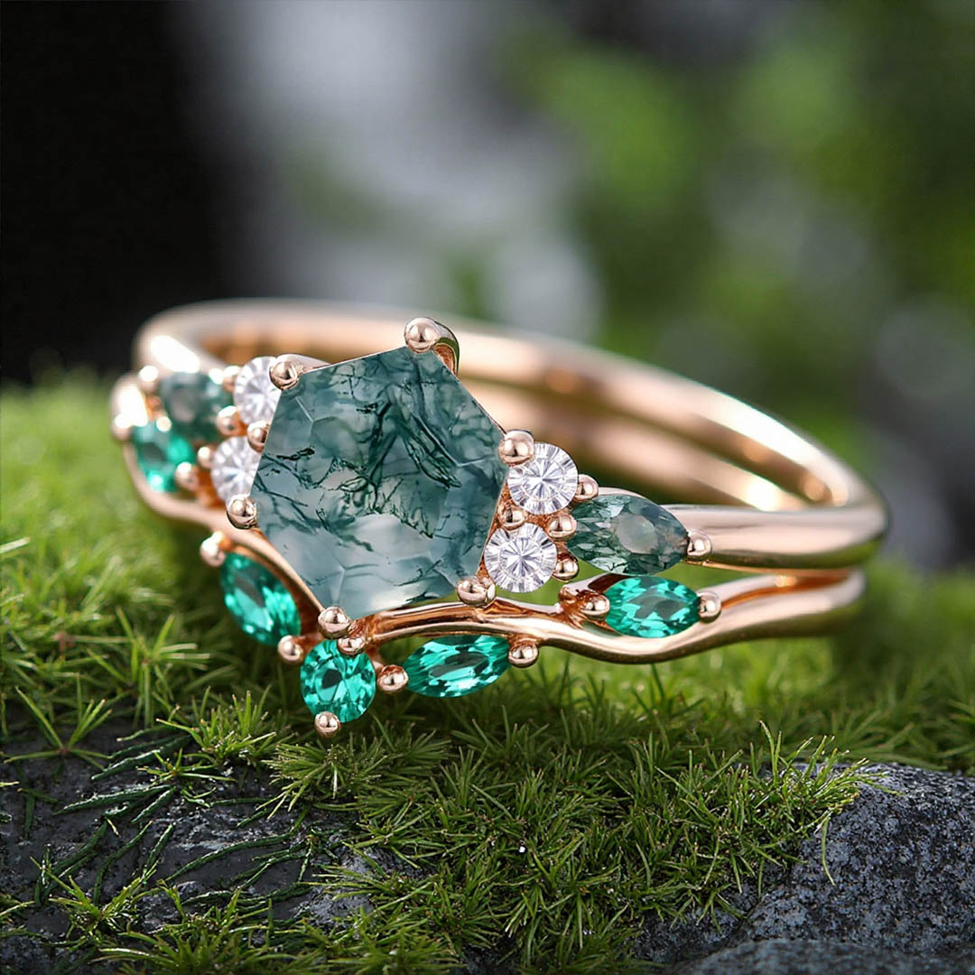 1CT Hexagon & Marquise Cut Moss Agate Engagement Ring Set In Sterling Silver