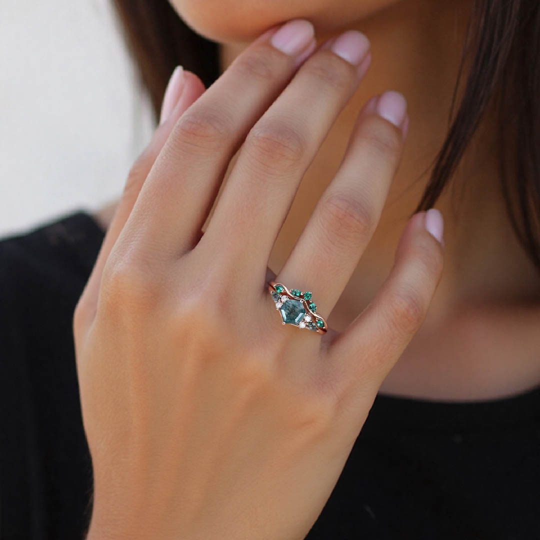 1CT Hexagon & Marquise Cut Moss Agate Engagement Ring Set In Sterling Silver