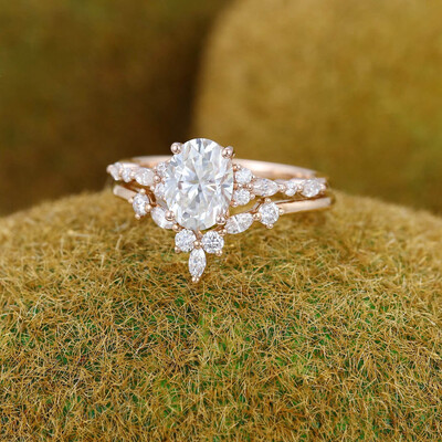 2CT Oval & Round Cut Moissanite Engagement Ring Set In Sterling Silver