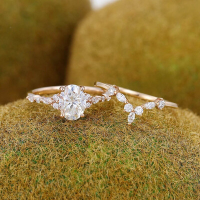 2CT Oval & Round Cut Moissanite Engagement Ring Set In Sterling Silver