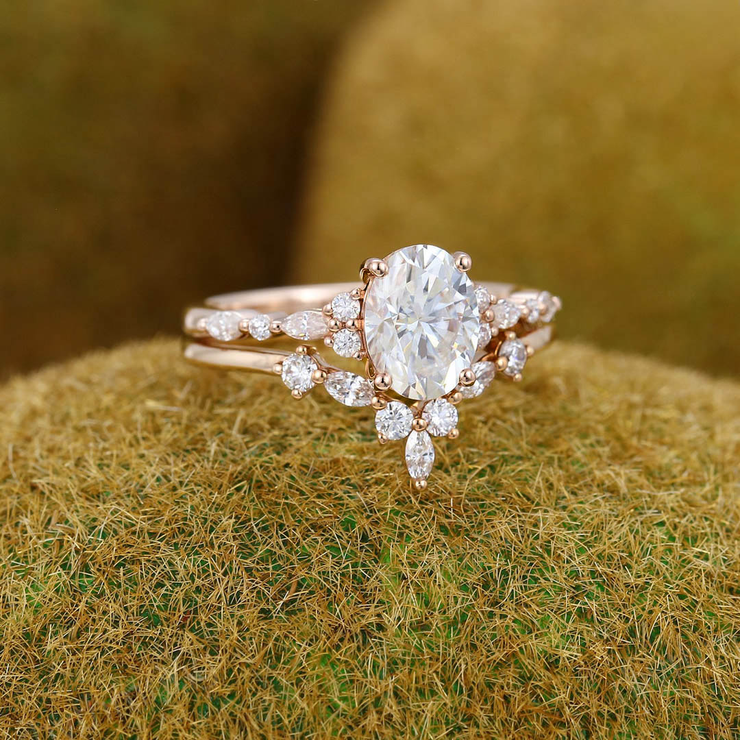 2CT Oval & Round Cut Moissanite Engagement Ring Set In Sterling Silver
