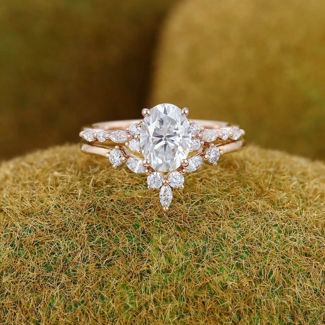 2CT Oval & Round Cut Moissanite Engagement Ring Set In Sterling Silver