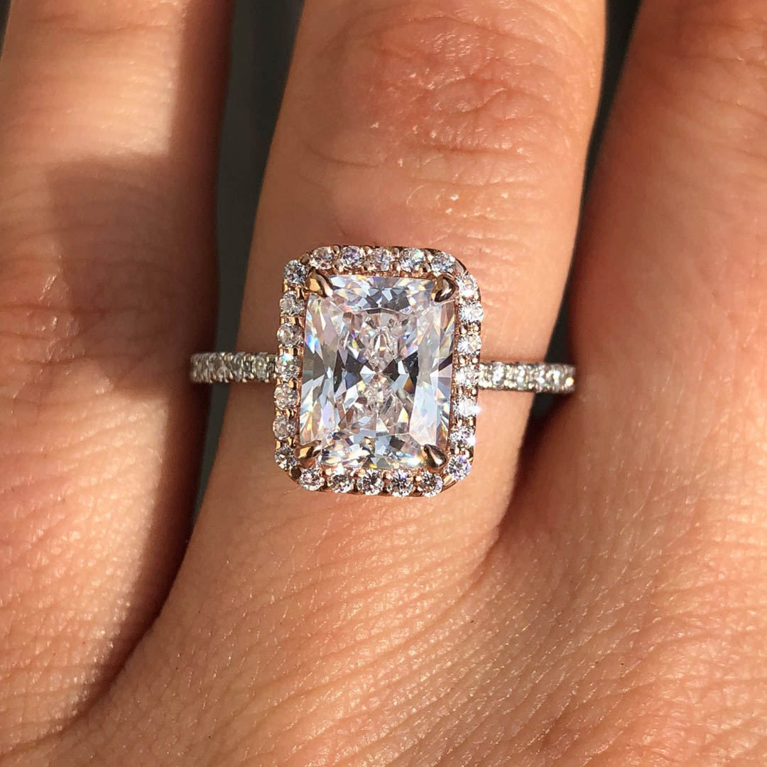 3CT Radiant Cut Two Tone Halo Engagement Ring In Sterling Silver