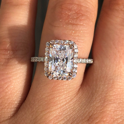 3CT Radiant Cut Two Tone Halo Engagement Ring In Sterling Silver