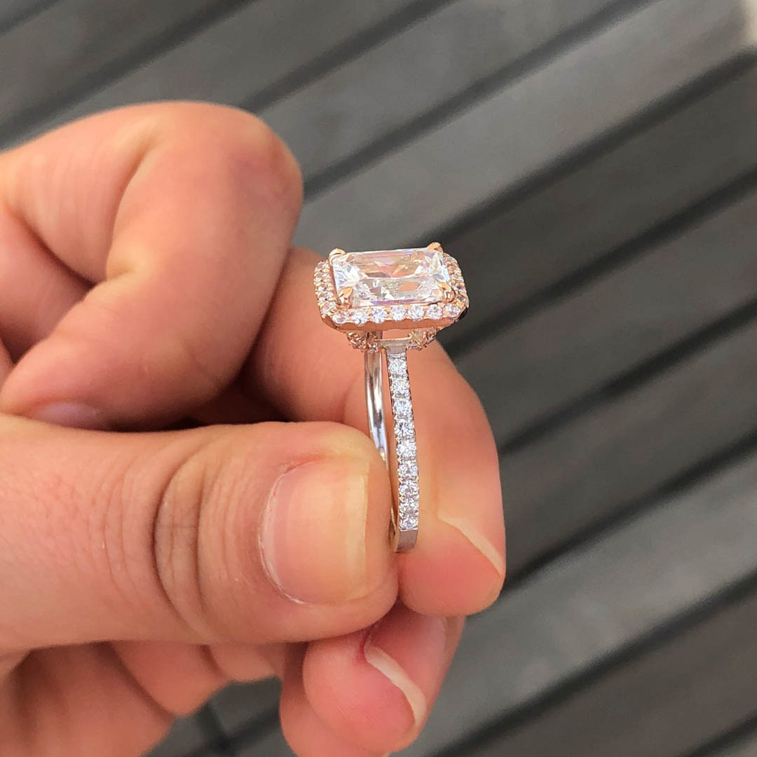 3CT Radiant Cut Two Tone Halo Engagement Ring In Sterling Silver