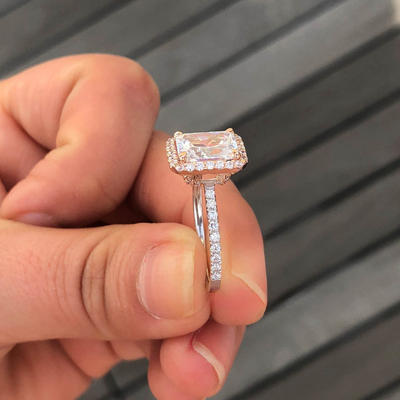 3CT Radiant Cut Two Tone Halo Engagement Ring In Sterling Silver
