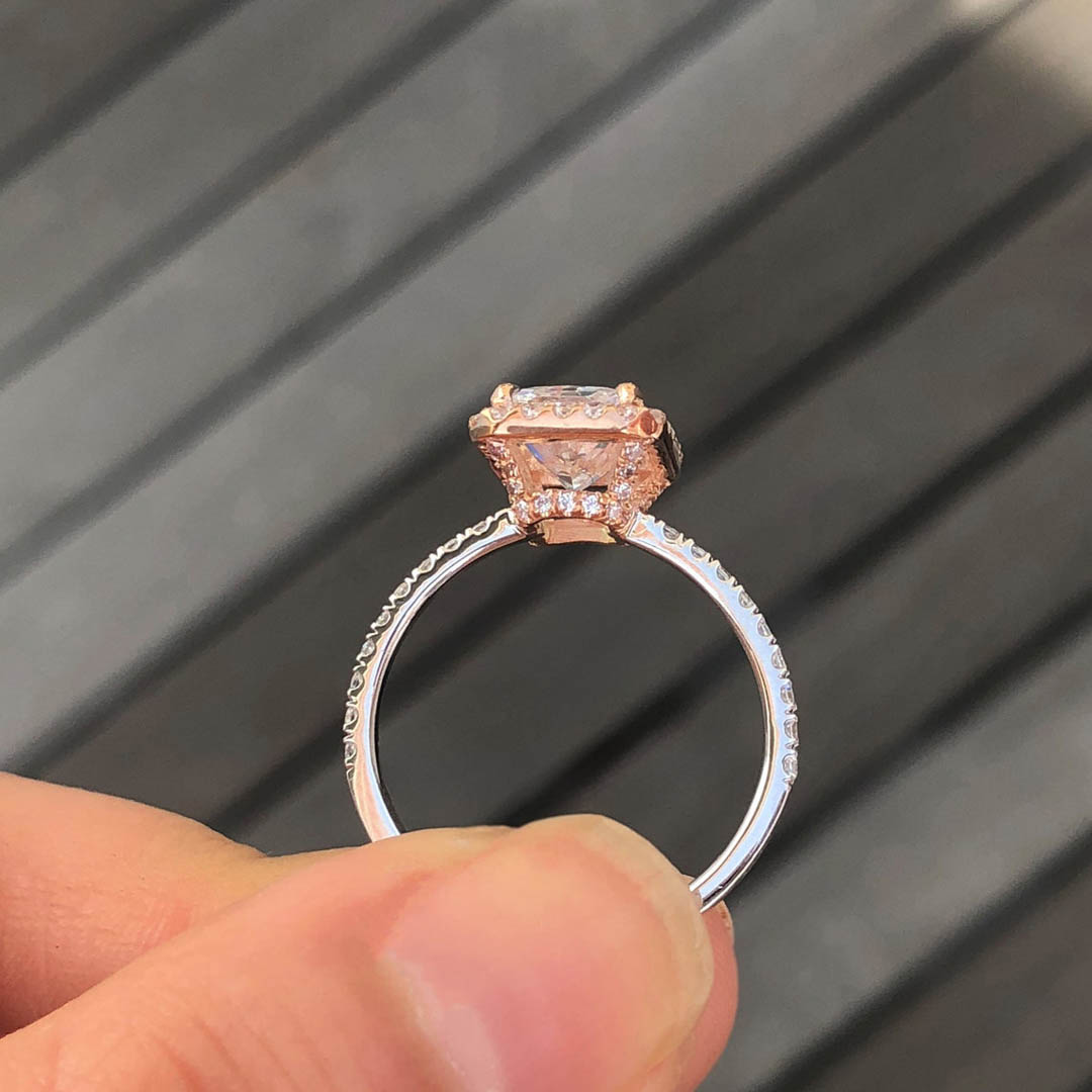 3CT Radiant Cut Two Tone Halo Engagement Ring In Sterling Silver