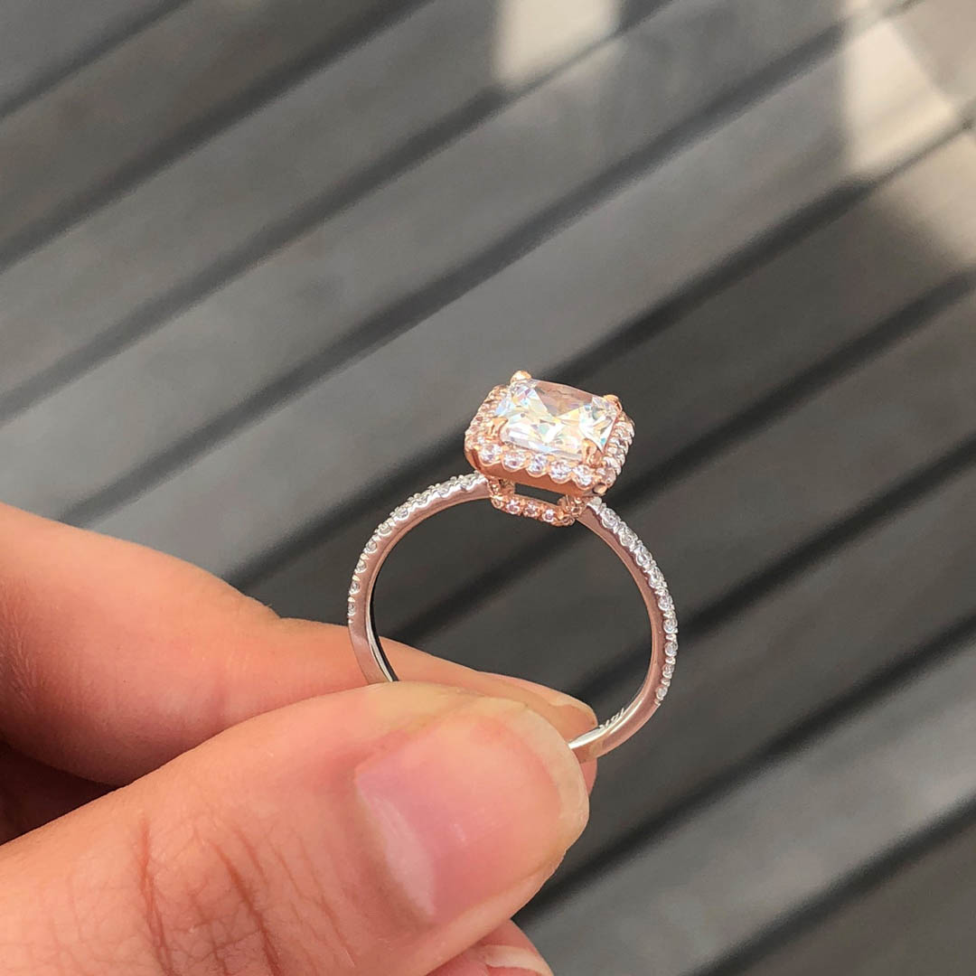 3CT Radiant Cut Two Tone Halo Engagement Ring In Sterling Silver