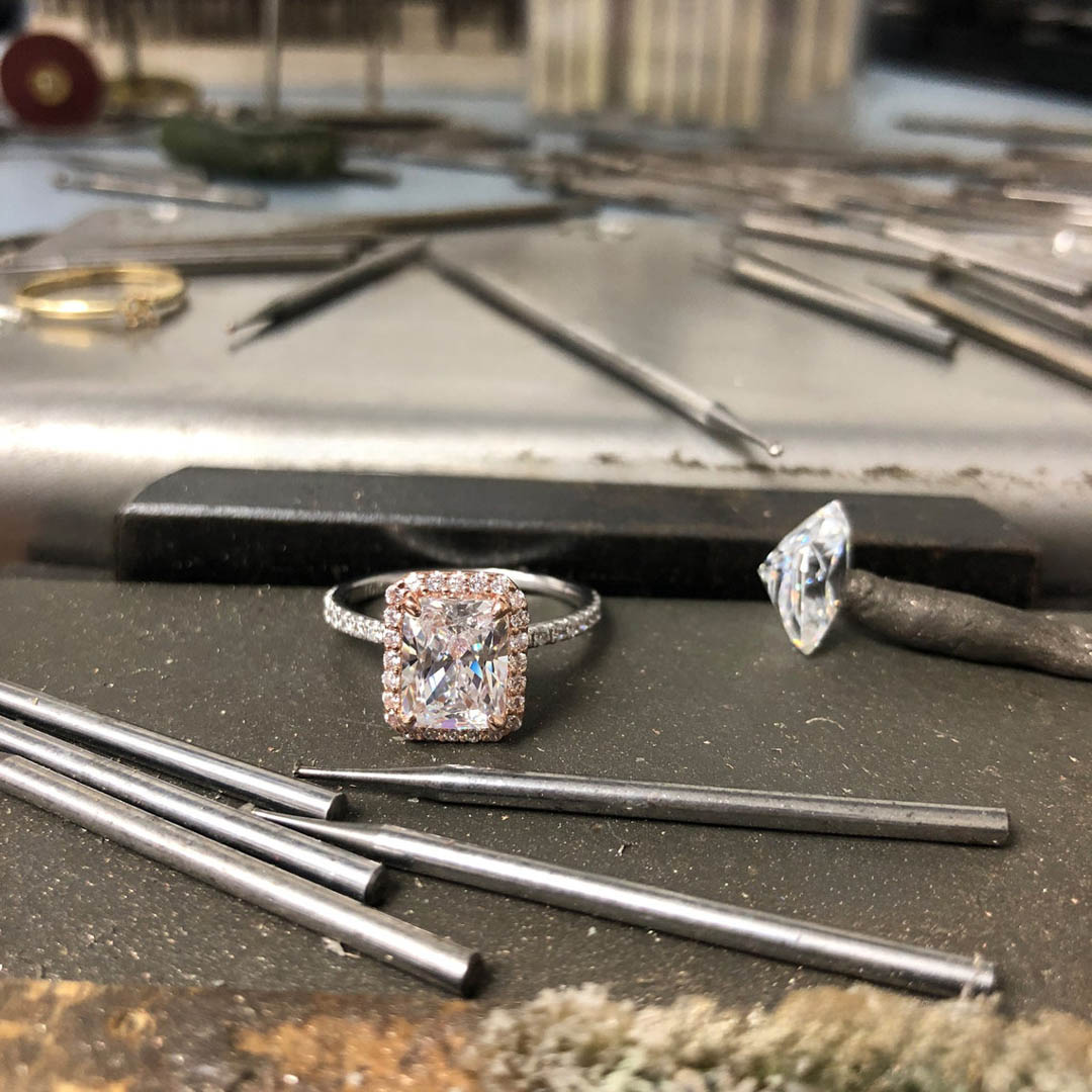 3CT Radiant Cut Two Tone Halo Engagement Ring In Sterling Silver