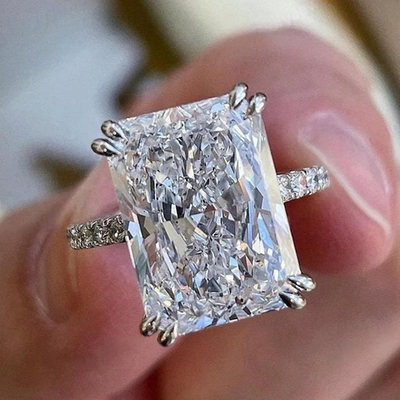 3CT Radiant Cut Moissanite Hide Halo Engagement Ring With Double Claw Prongs In Sterling Silver