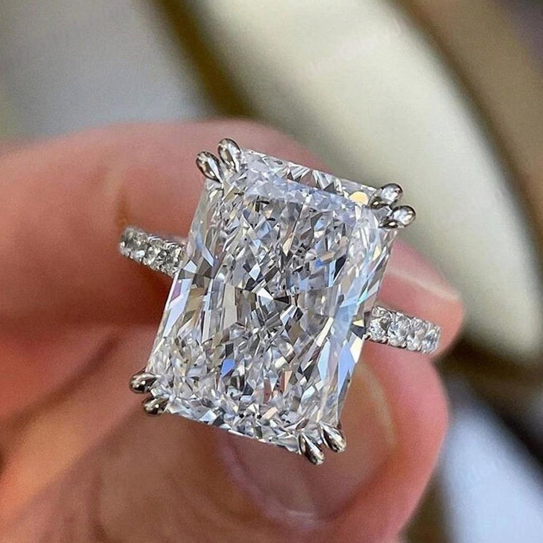 3CT Radiant Cut Moissanite Hide Halo Engagement Ring With Double Claw Prongs In Sterling Silver
