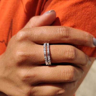 3CT Baguette & Round Cut Colorless Moissanite Wedding Band Set In Sterling Silver