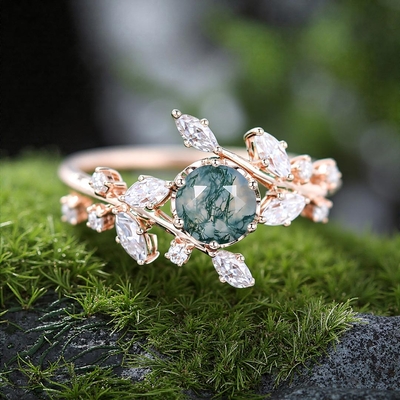 0.8CT Round Cut Moss Agate & Marquise Cut Moissanite Engagement Ring In Sterling Silver