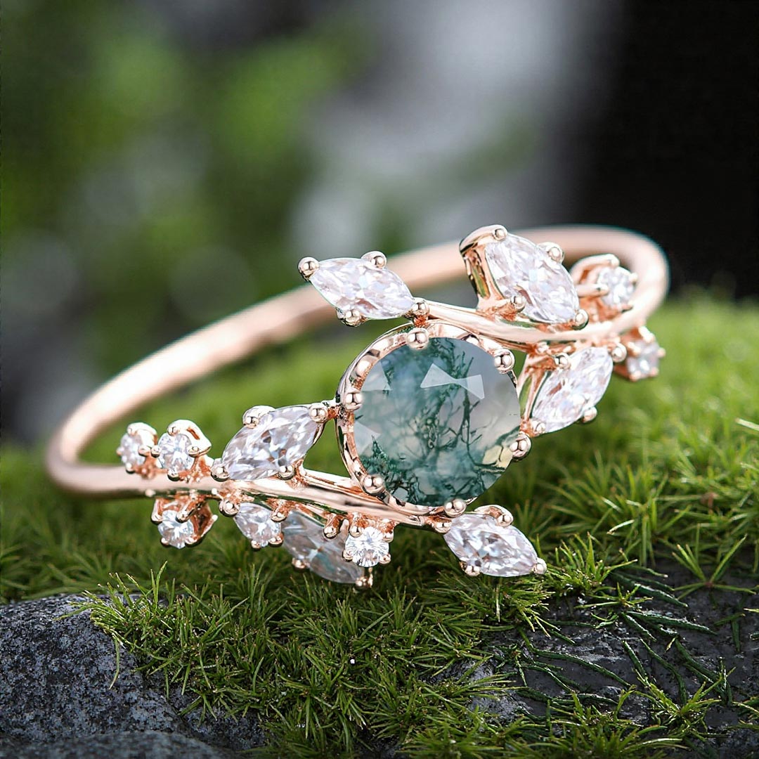 0.8CT Round Cut Moss Agate & Marquise Cut Moissanite Engagement Ring In Sterling Silver