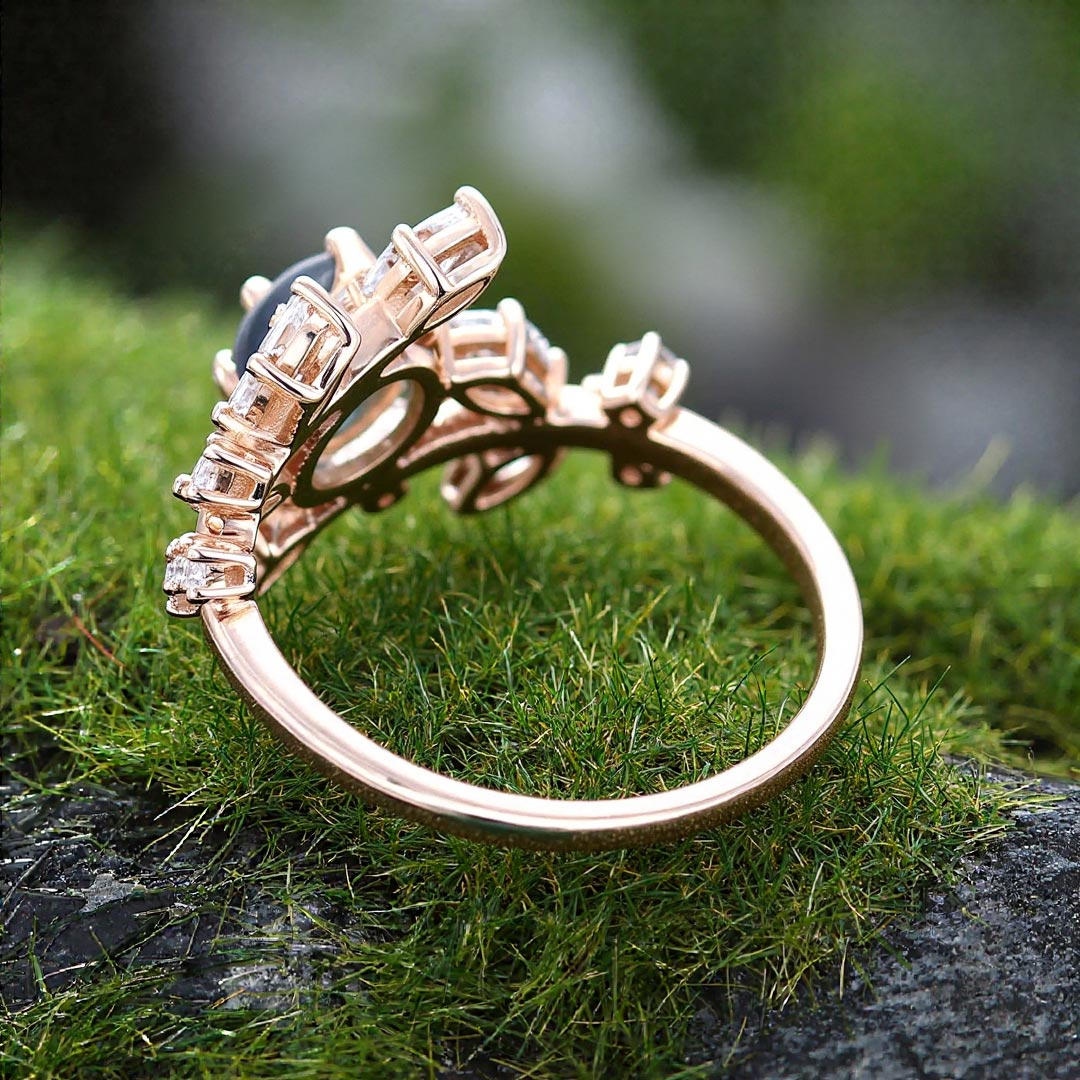 0.8CT Round Cut Moss Agate & Marquise Cut Moissanite Engagement Ring In Sterling Silver