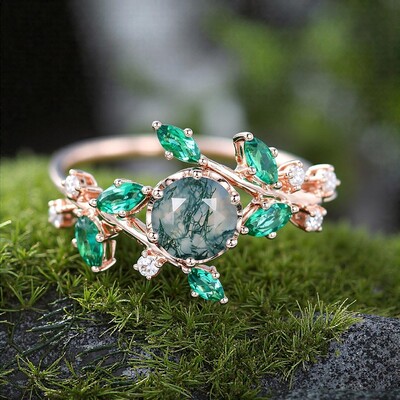 0.8CT Round Cut Moss Agate & Marquise Cut Moissanite Engagement Ring In Sterling Silver