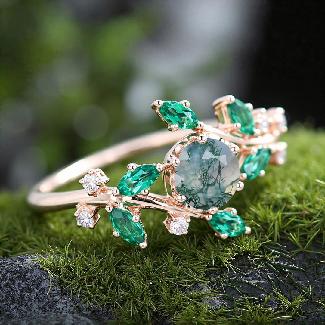 0.8CT Round Cut Moss Agate & Marquise Cut Moissanite Engagement Ring In Sterling Silver