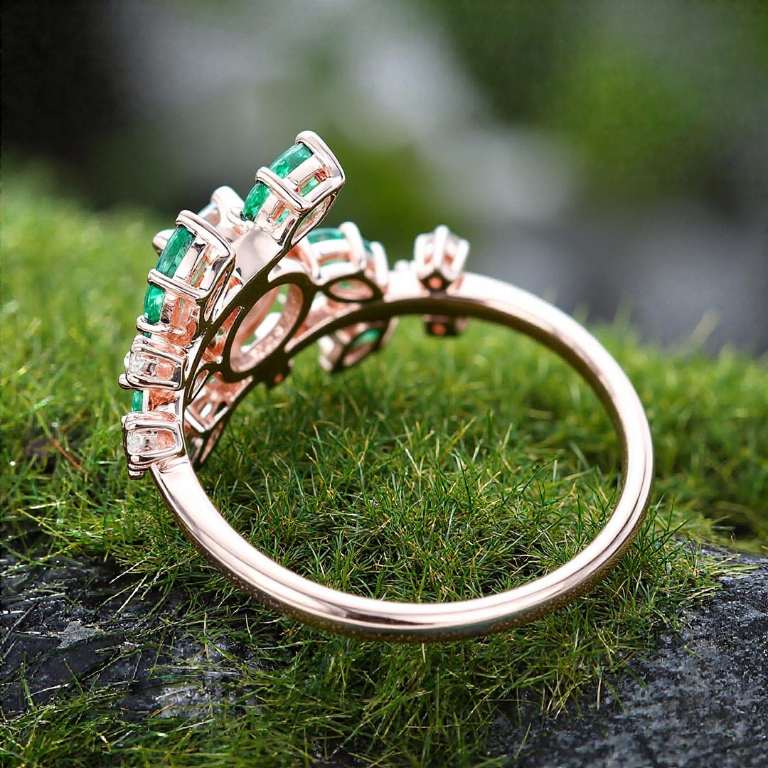 0.8CT Round Cut Moss Agate & Marquise Cut Moissanite Engagement Ring In Sterling Silver