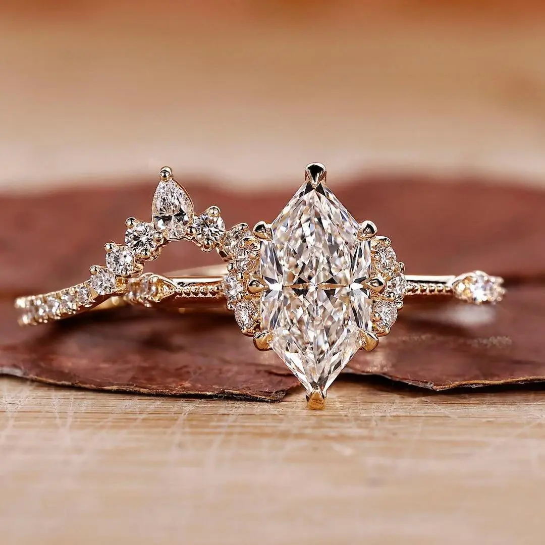 2CT Dutch Marquise Cut Moissanite Center Stone Engagement Ring Set In Sterling Silver