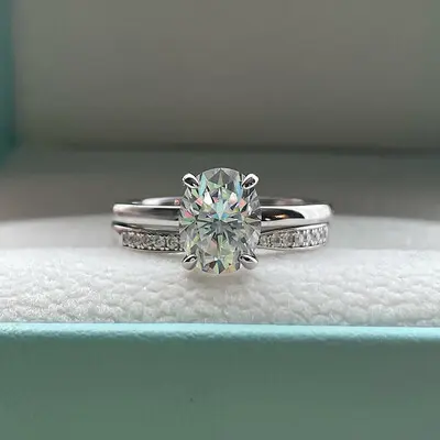 2ct Oval & Round Cut Moissanite Engagement Ring Sets In Sterling Silver