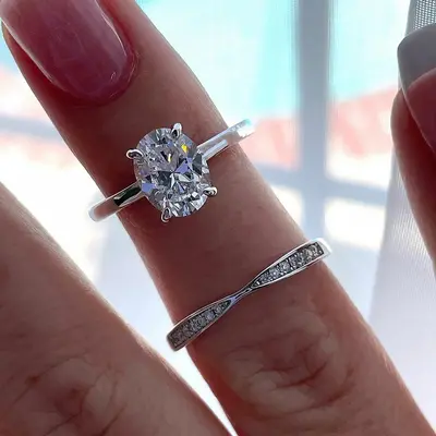 2ct Oval & Round Cut Moissanite Engagement Ring Sets In Sterling Silver
