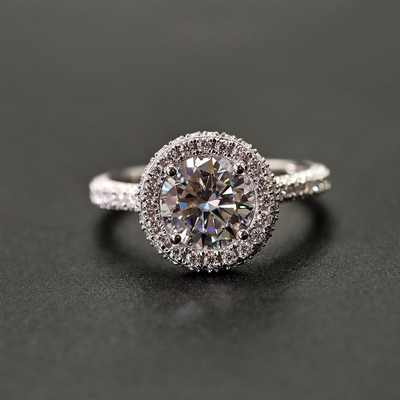 2CT Round Cut Moissanite Halo Engagement Ring With Paved Setting In Sterling Silver