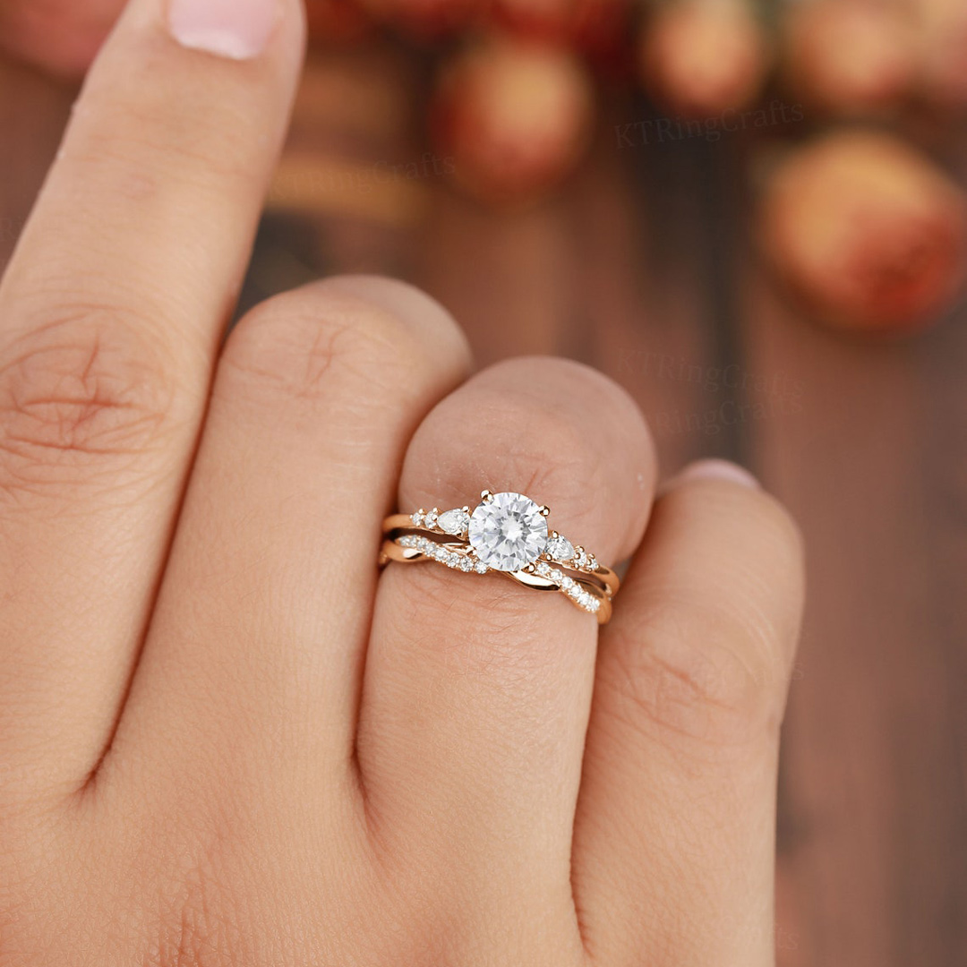 2CT Round & Marquise Cut Moissanite Engagement Ring Set In Sterling Silver