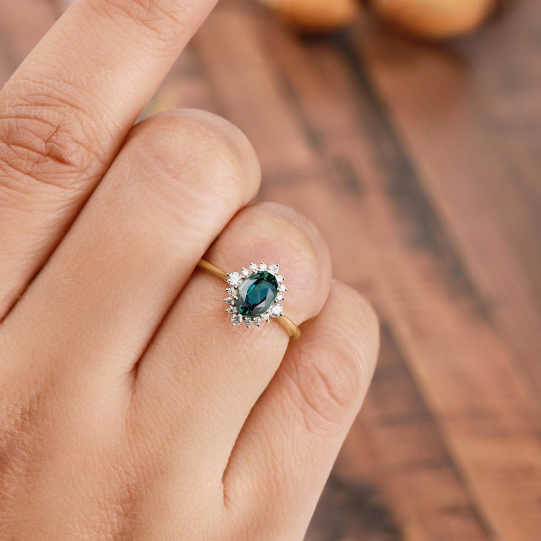 2CT Green Oval & Round Cut Moissanite Engagement Ring In Sterling Silver