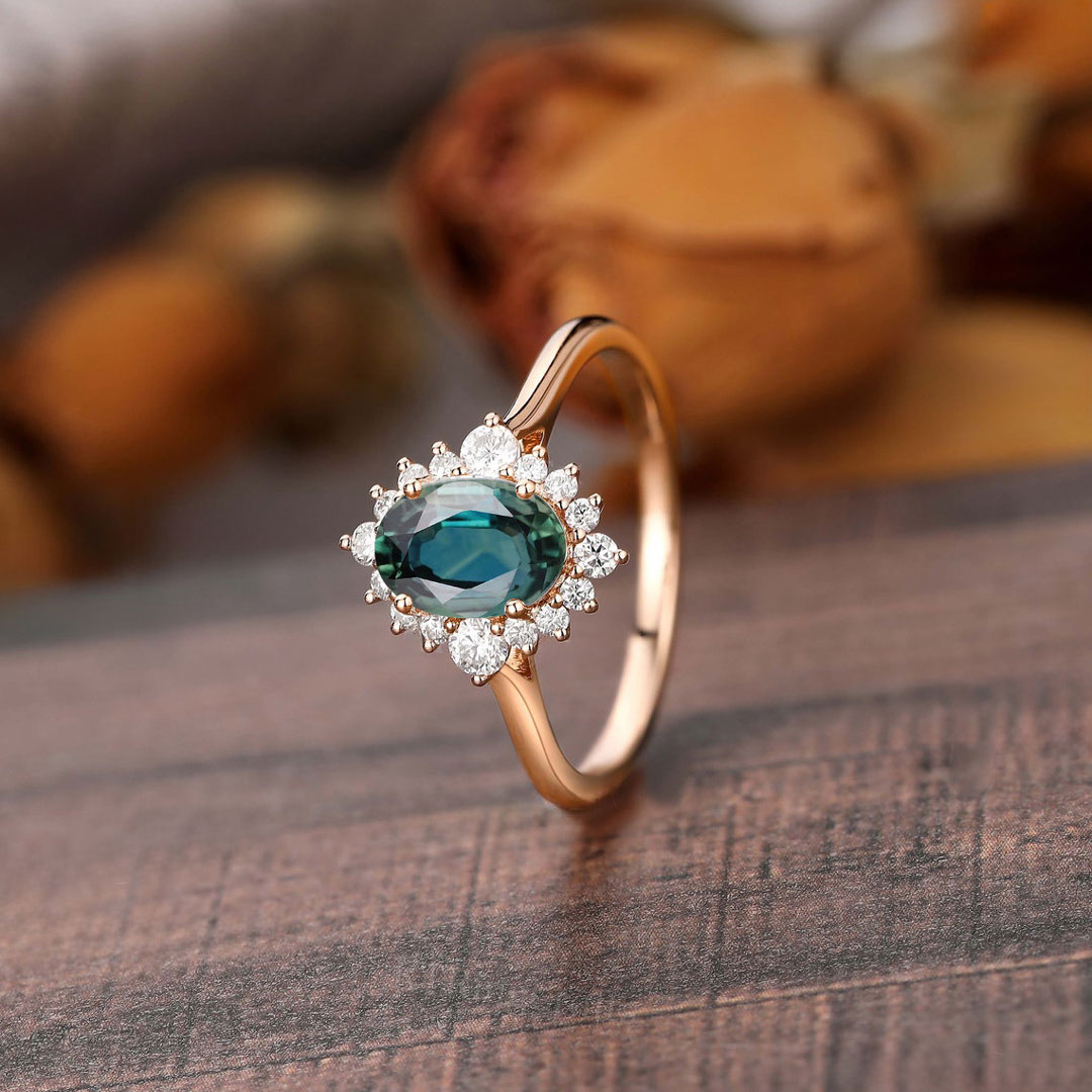 2CT Green Oval & Round Cut Moissanite Engagement Ring In Sterling Silver