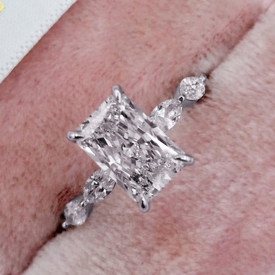 2Ct Moissanite Radiant Cut With Marquise Side Stones Hidden Halo Diamond Engagement Ring In Sterling Silver