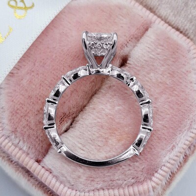 2Ct Moissanite Radiant Cut With Marquise Side Stones Hidden Halo Diamond Engagement Ring In Sterling Silver