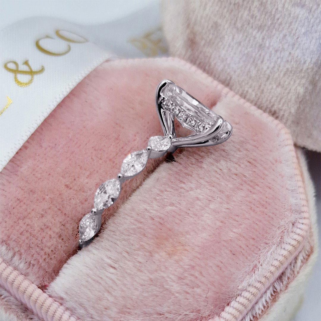 2Ct Moissanite Radiant Cut With Marquise Side Stones Hidden Halo Diamond Engagement Ring In Sterling Silver