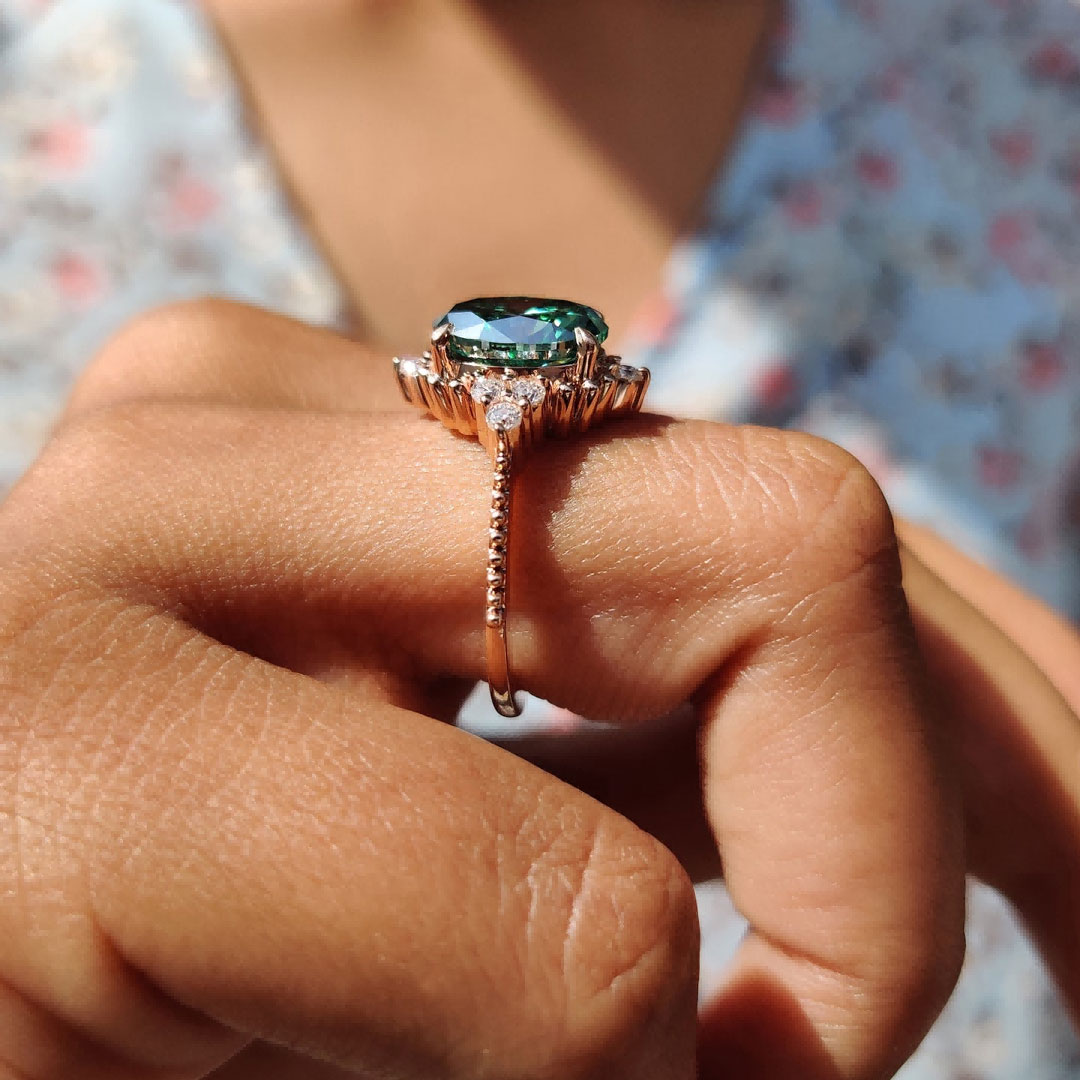 2CT Oval Cut Green Moissanite Engagement Ring In Sterling Silver
