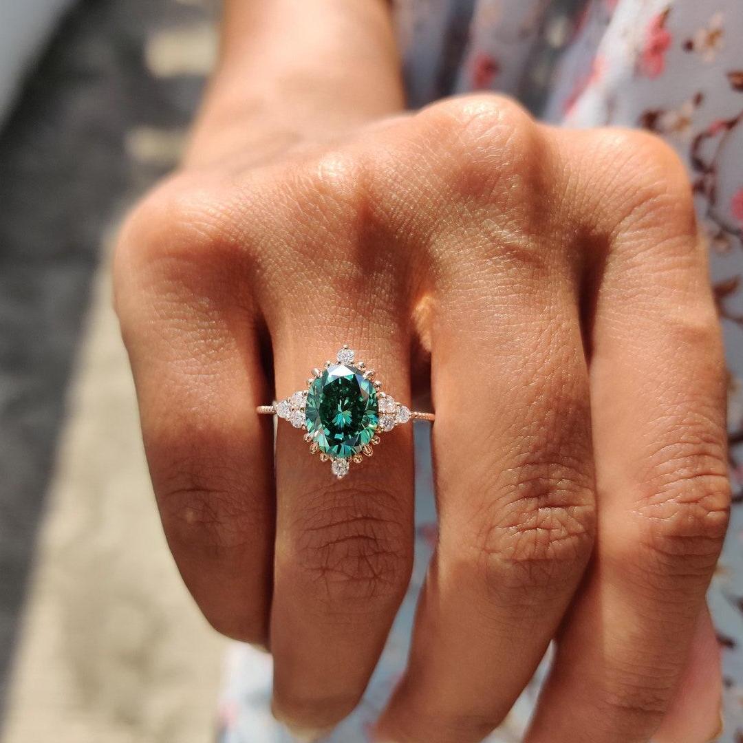 2CT Oval Cut Green Moissanite Engagement Ring In Sterling Silver