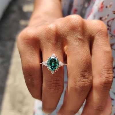 2CT Oval Cut Green Moissanite Engagement Ring In Sterling Silver