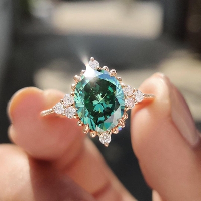 2CT Oval Cut Green Moissanite Engagement Ring In Sterling Silver