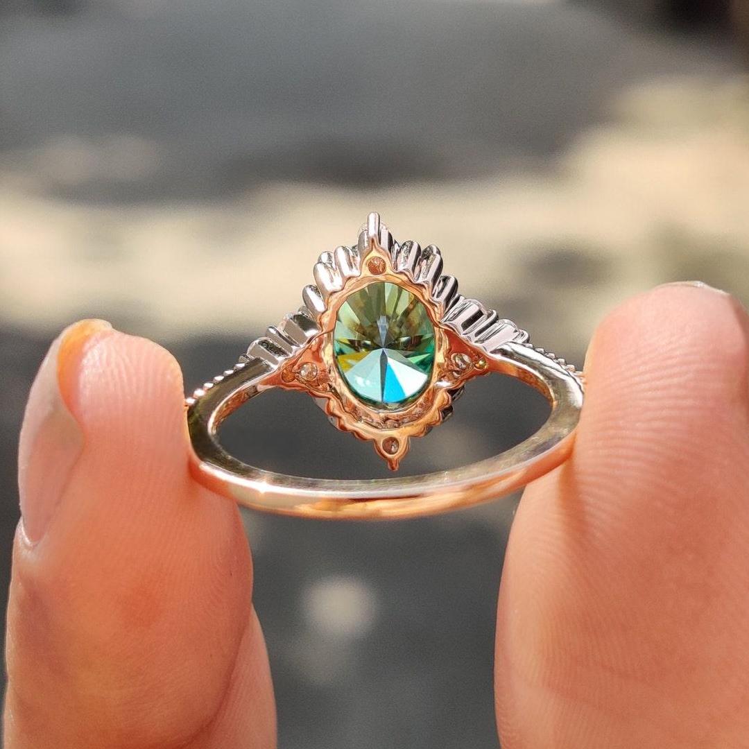 2CT Oval Cut Green Moissanite Engagement Ring In Sterling Silver