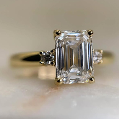 2CT Emerald & Round Cut Moissanite Engagement Ring In Sterling Silver