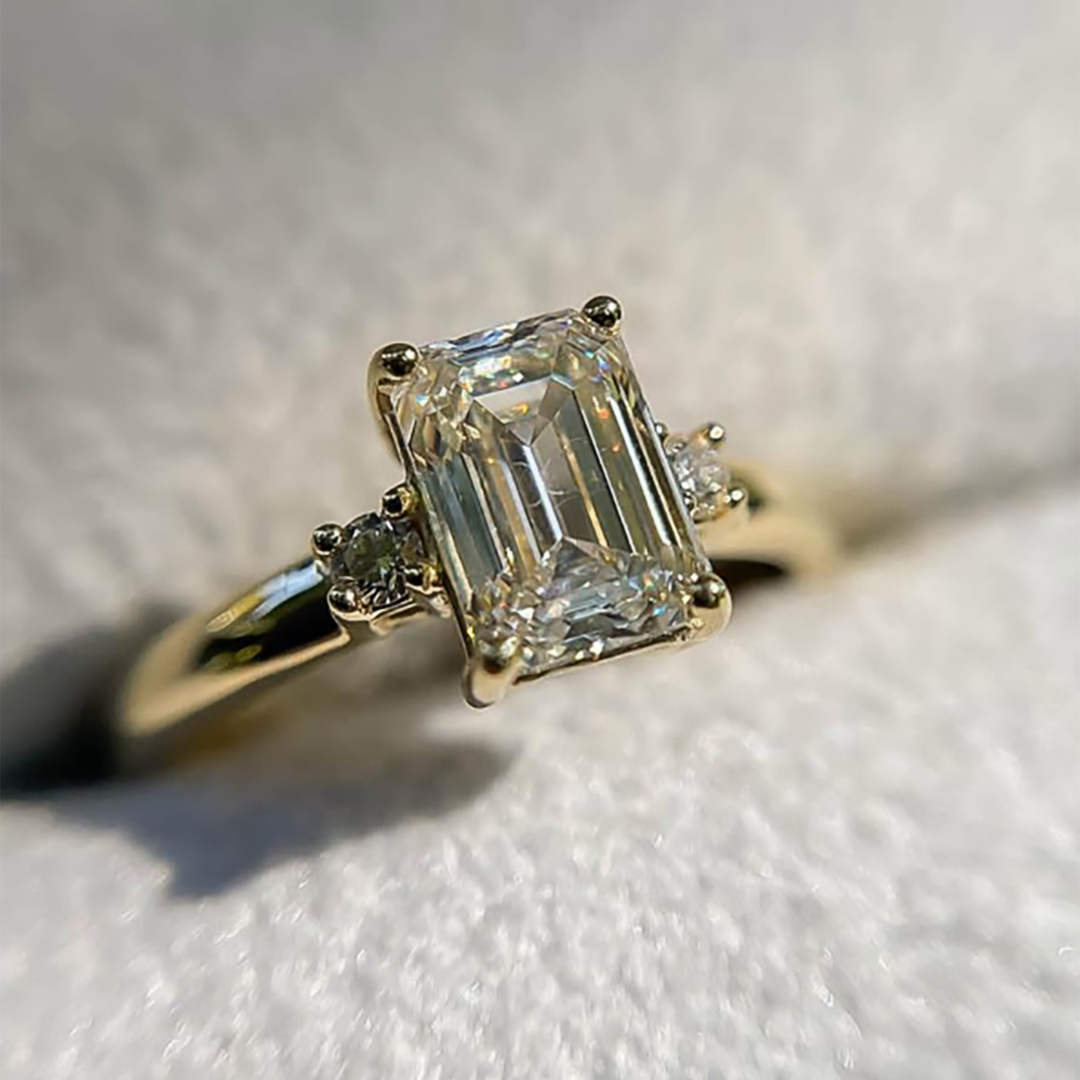 2CT Emerald & Round Cut Moissanite Engagement Ring In Sterling Silver