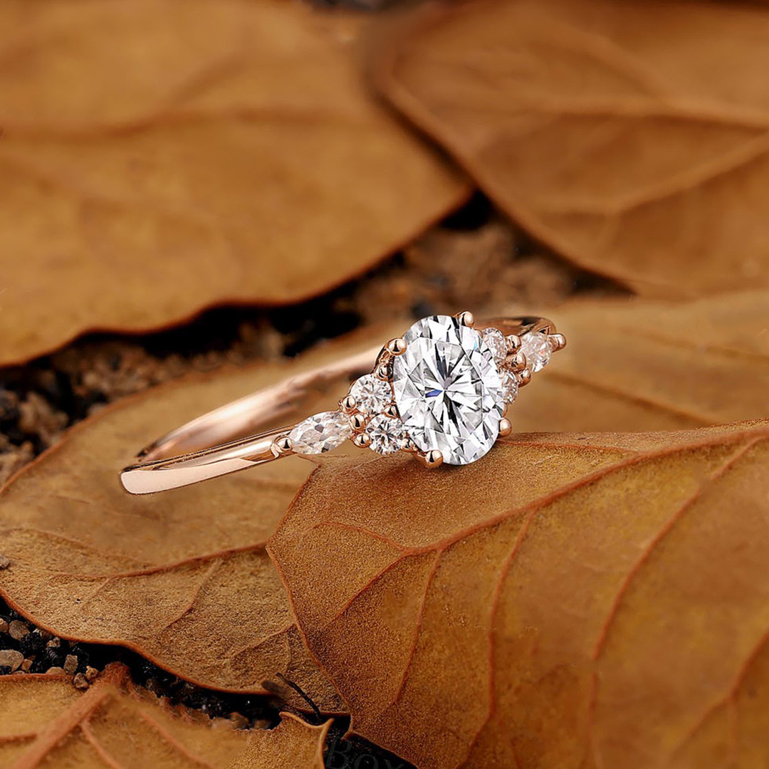 0.55CT Oval & Round Cut Moissanite Engagement Ring In Sterling Silver
