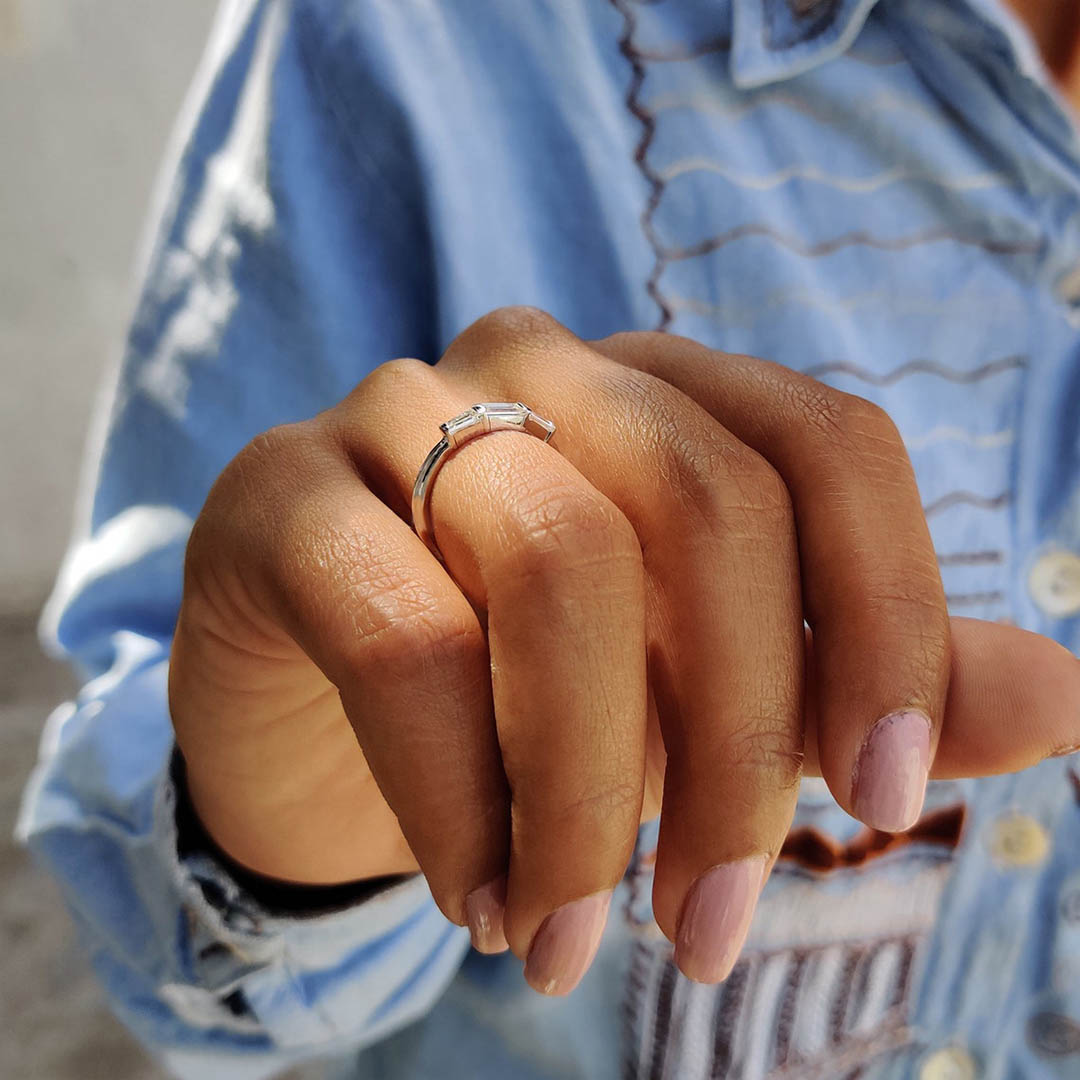 1CT Baguette & Tapered Baguette Colorless Moissanite Three Stone Wedding Band In Sterling Silver