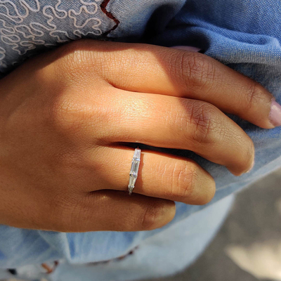 1CT Baguette & Tapered Baguette Colorless Moissanite Three Stone Wedding Band In Sterling Silver